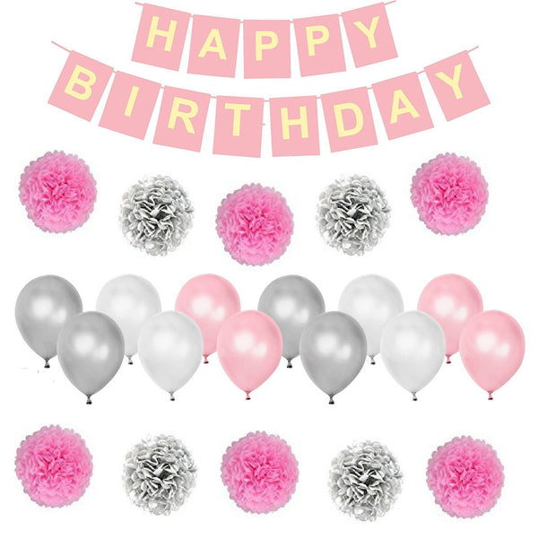 Birthday Decorations Banner Set (Pink And Silver)