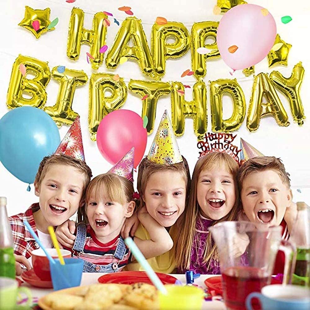 Gold Happy Birthday Party Decoration, Including Inflating Happy Birthday Alphabet Banners, Confetti Gold Balloons,Cake Topper for Girls Boys Birthday Supplies (Gold) (Happy Birthday)
