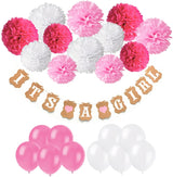 "Welcome Girls Baby Decoration Kit"-Girl Paper Garland Bunting Banner , Paper Pom Poms And Latex Balloons