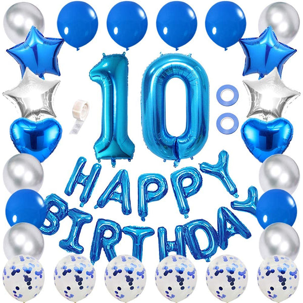 10Th Blue Birthday Party Decorations Kit -Happy Birthday Banner With Number 10 Blue And Foil Balloons(Pack Of 59 Pc)