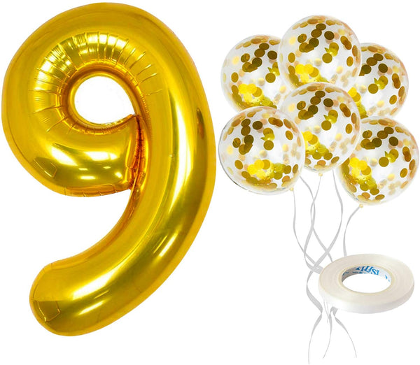 Gold Number 9 & Balloon Set - Large 32 Inch | Gold Confetti Balloons, Pack Of 5