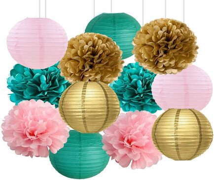 Tissue Paper Pom Poms And Paper Lanterns -Pink ,Green aAnd Golden