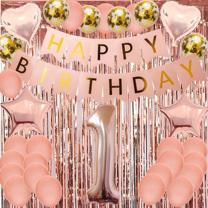 Rose Gold First Happy Birthday Banner Balloons Decorations Items Combo- 44Pcs Set Kit For 1St Baby Girl Decoration Items