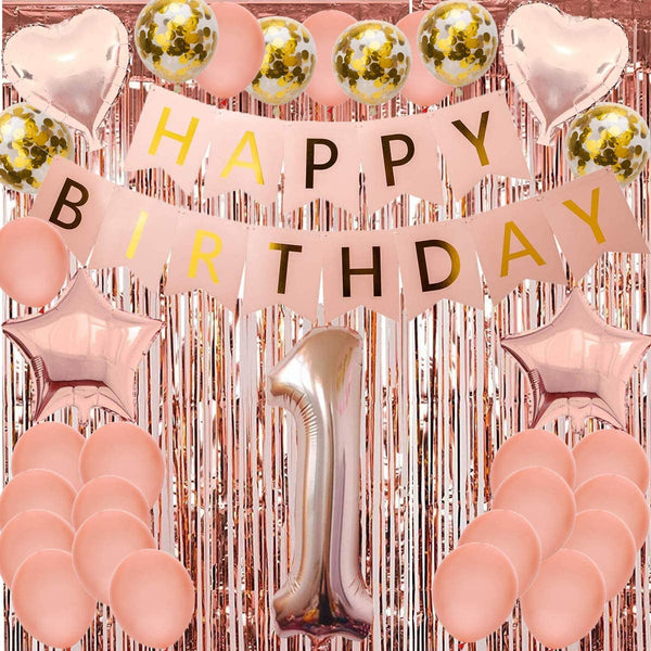 Rose Gold First Happy Birthday Banner Balloons Decorations Items Combo- 44Pcs Set Kit For 1St Baby Girl Decoration Items