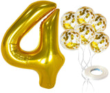 Gold Number 4 & Balloon Set - Large, 32 Inch | Gold Confetti Balloons, Pack Of 5