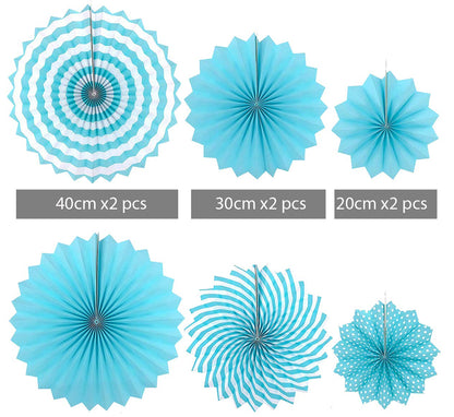 Paper Fans For Decoration Birthday Party Trend Party Fan For Wedding Birthday Showers - Blue And White (Pack Of 6)