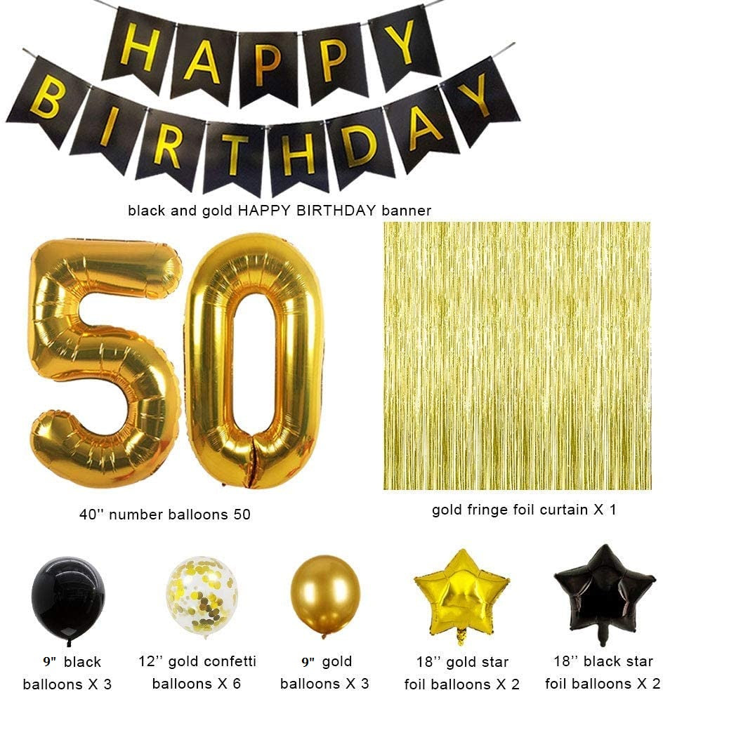 50th Gold and Black Birthday Party Decoration Kit