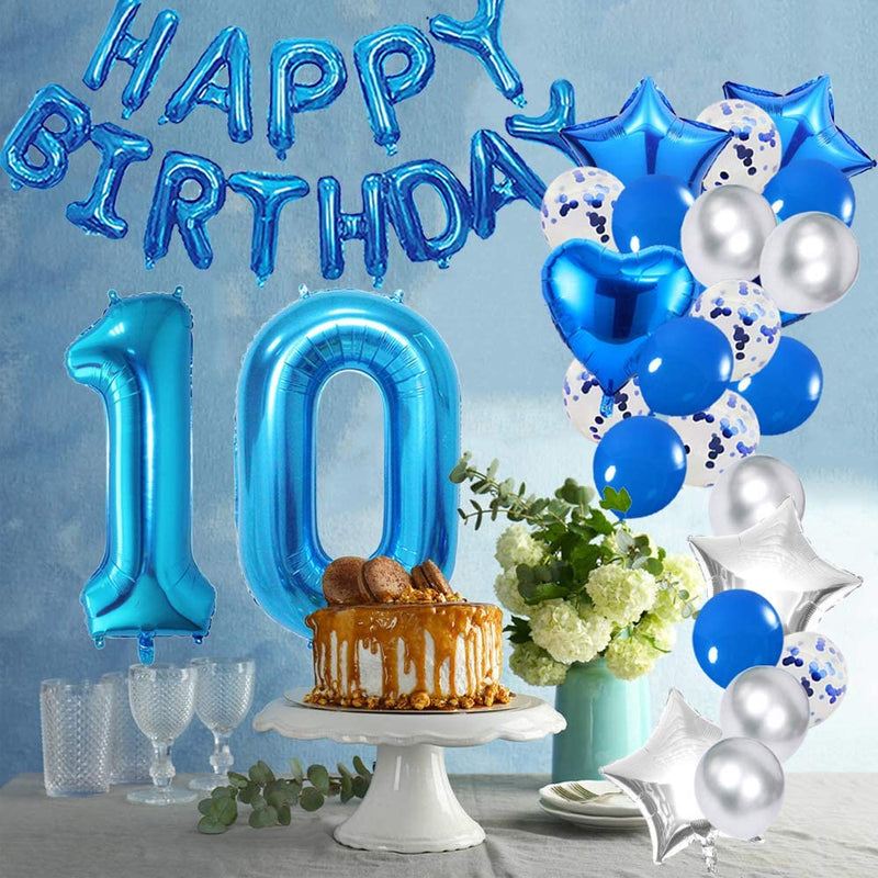 10Th Blue Birthday Party Decorations Kit -Happy Birthday Banner With Number 10 Blue And Foil Balloons(Pack Of 59 Pc)