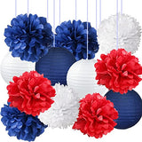 Red, Blue And White Tissue Paper Pom Poms And Paper Lanterns decoration