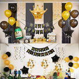 Birthday Party Decorations Kit - Happy Birthday Banner, Gold Crown Balloon Gold And Black Latex Balloons, Perfect Party Supplies