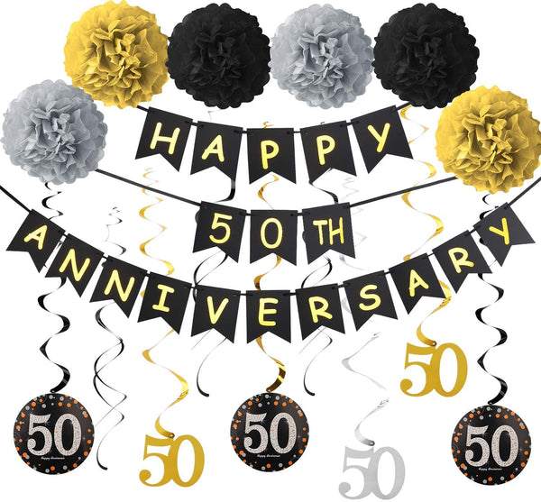 50Th Anniversary Decorations Kit - Anniversary Banner, Hanging Swirl And Pom Pom