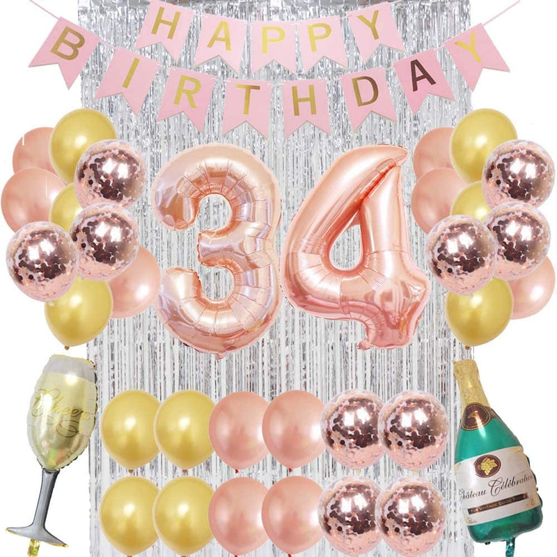 Birthday Decorations for Women Party Supplies 16 inch Rose Gold Number Foil Balloons, 30pcs Rose Gold and Champagn Gold Balloons, Great Gifts for Women' (34th Birthday)