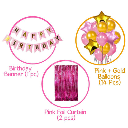 Happy Birthday Decoration Combo For Birthday Decoration For Girl Birthday, Party Supplies (Pink-Gold)
