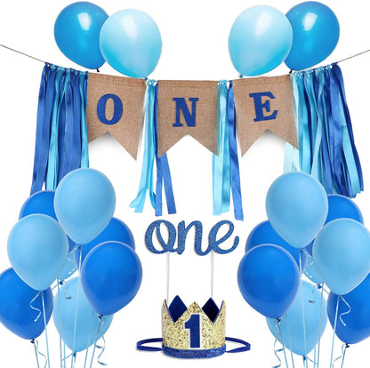 1St Birthday Decoration For Boy - Decoration Including Number 1 Crown,One Burlap Banner High Chair Decoration ,Cake Topper And Balloons