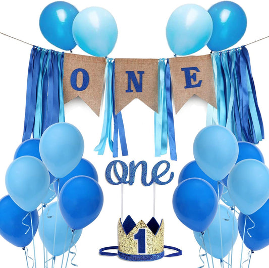 1St Birthday Decoration For Boy - Decoration Including Number 1 Crown,One Burlap Banner High Chair Decoration ,Cake Topper And Balloons