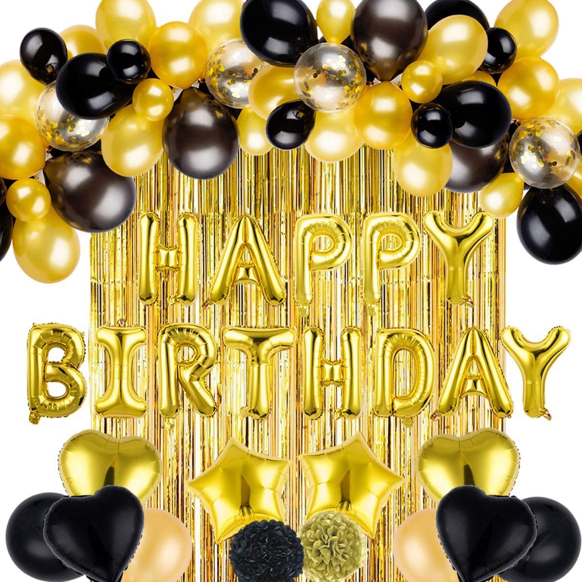 Birthday Gold And Black  Balloon Garland Kit Pack With Foil Curtains For  Birthday and all  Party Decorations