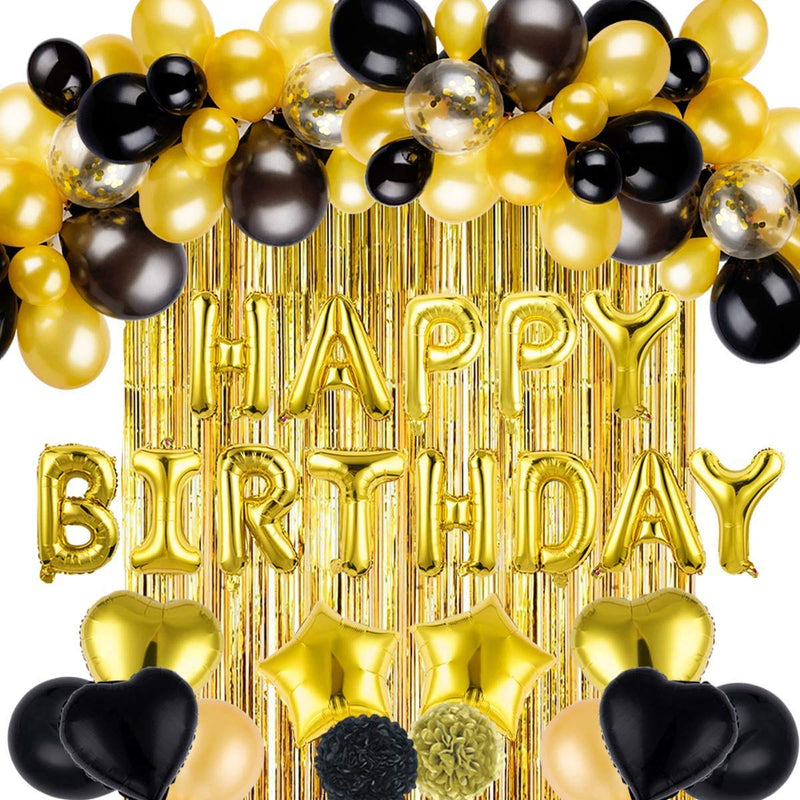 Gold And Black Balloon Garland Kit  Pack With Foil Curtain Birthday Party Decorations