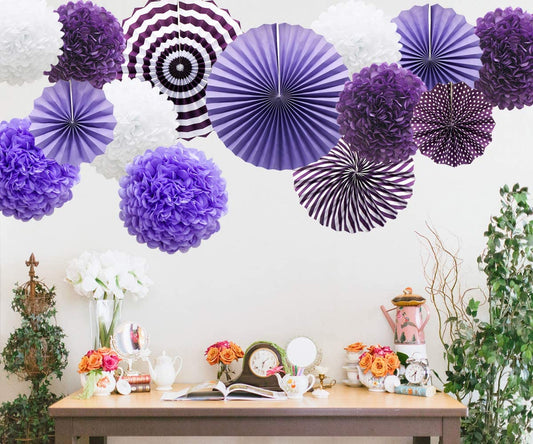 Purple Hanging Paper Party Decorations,-Round Paper Fans Set Paper Pom Poms Flowers For Birthday/ Wedding /Baby Shower