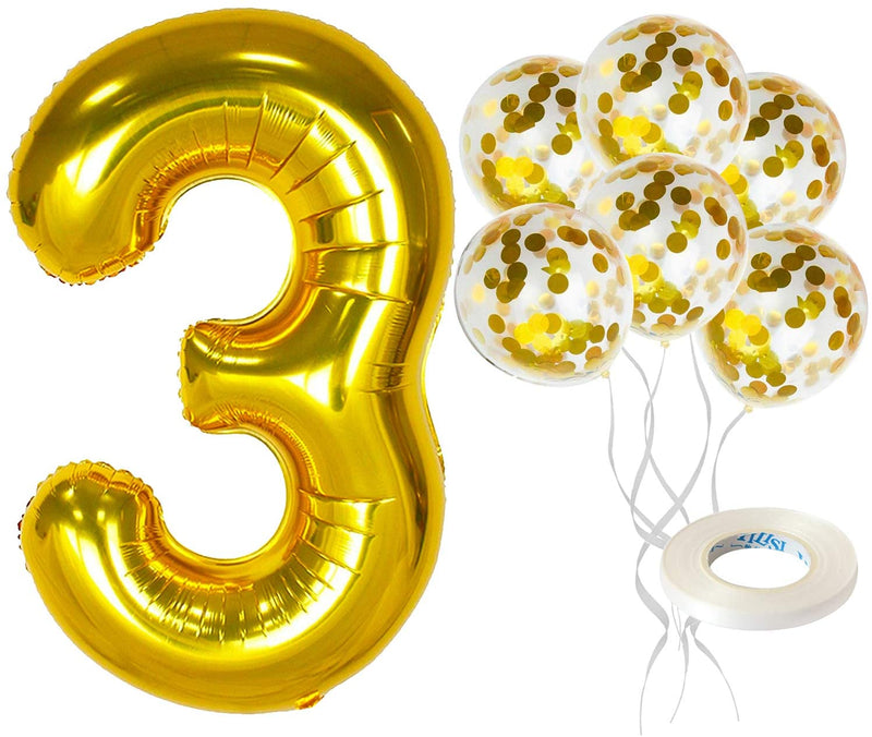 Gold Number 3 & Balloon Set - Large, 32 Inch | Gold Confetti Balloons, Pack Of 5