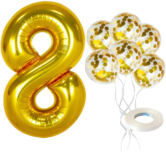Gold Number 8 & Balloon Set - Large 32 Inch | Gold Confetti Balloons, Pack Of 5