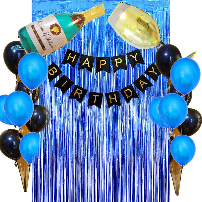 Birthday Decorations For Boy Party Supplies- Blue Tinsel Foil Fringe Curtains,Black Happy Birthday Banner, Balloons As Photo Props