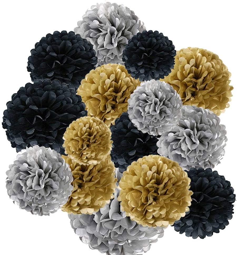 Golden ,Silver And Black Pom Pom Flower Decoration -Anniversary Parties & Milestone Birthday