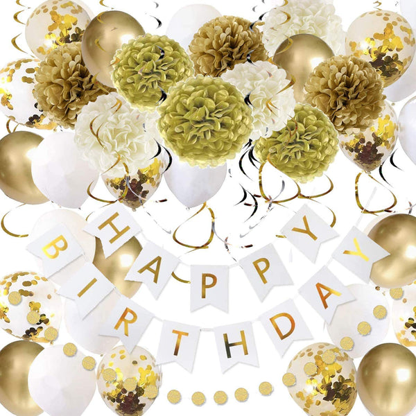 Gold White Birthday Decoration Set With Birthday Banner, Confetti Balloons, Paper Pom Poms