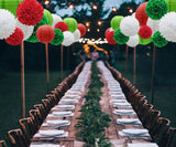 Red,Green And White Tissue Paper Pom Poms And Paper Lanterns - Party Decorations