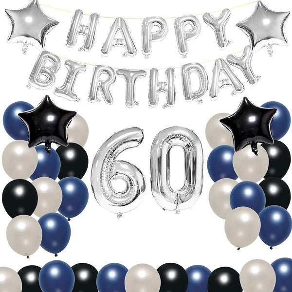 60th Birthday Decoration Kit for Navy Blue,Black & Silver