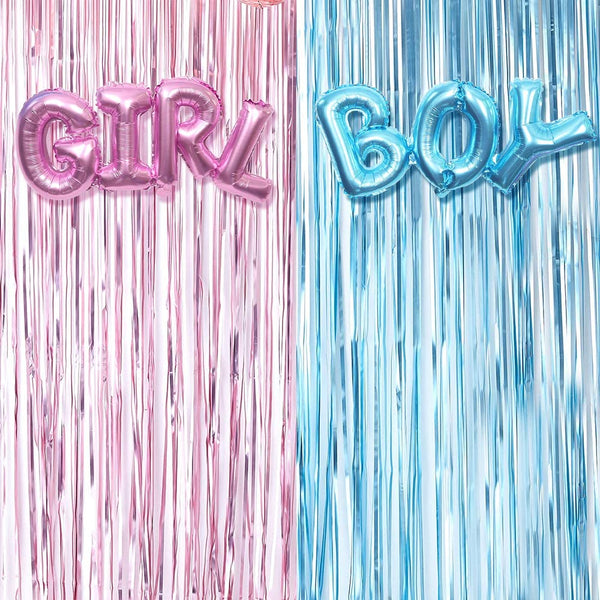 Baby Shower Decoration Pink Blue Fringe Curtain And Boy Girl Foil Balloon