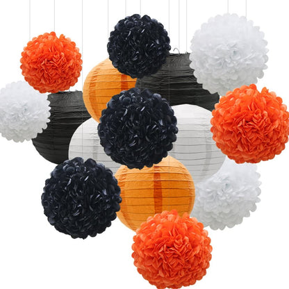 Orange Black And White Tissue Paper Pom Poms And Paper Lanterns -Birthday Party Decorations