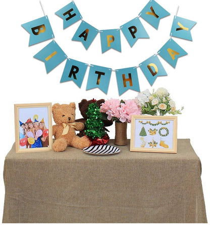 Blue Gold Foiled Happy Birthday Bunting Banner Party Decor Home Decor For Home