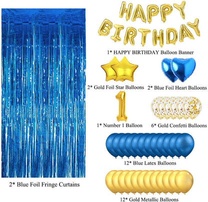 Blue And Gold First Happy Birthday Banner Decorations Combo- 56Pcs Set Kit