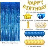Blue And Gold First Happy Birthday Banner Decorations Combo- 56Pcs Set Kit