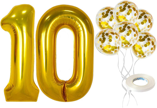 Gold Number 10 Balloon Set - Large 32 Inch | Gold Confetti Balloons, Pack Of 5