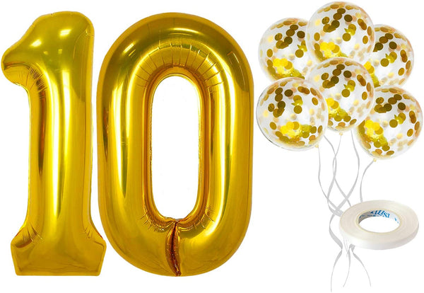 Gold Number 10 Balloon Set - Large 32 Inch | Gold Confetti Balloons, Pack Of 5