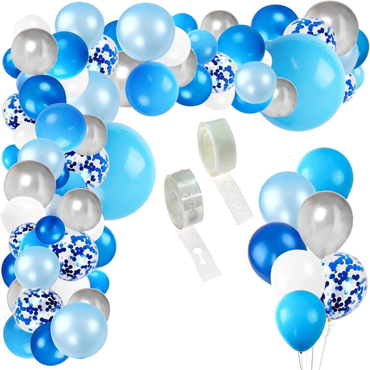 Blue Balloon Garland Arch Kit, With Blue, White, Silver Metal Latex And Blue Confetti Balloons,