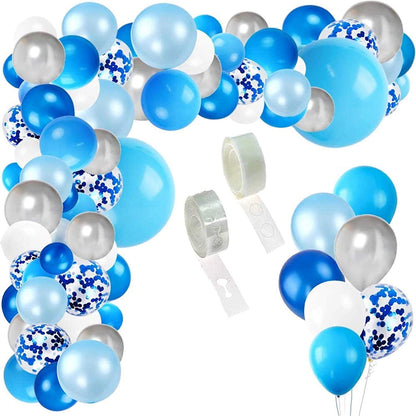 Blue Balloon Garland Arch Kit, With Blue, White, Silver Metal Latex And Blue Confetti Balloons,