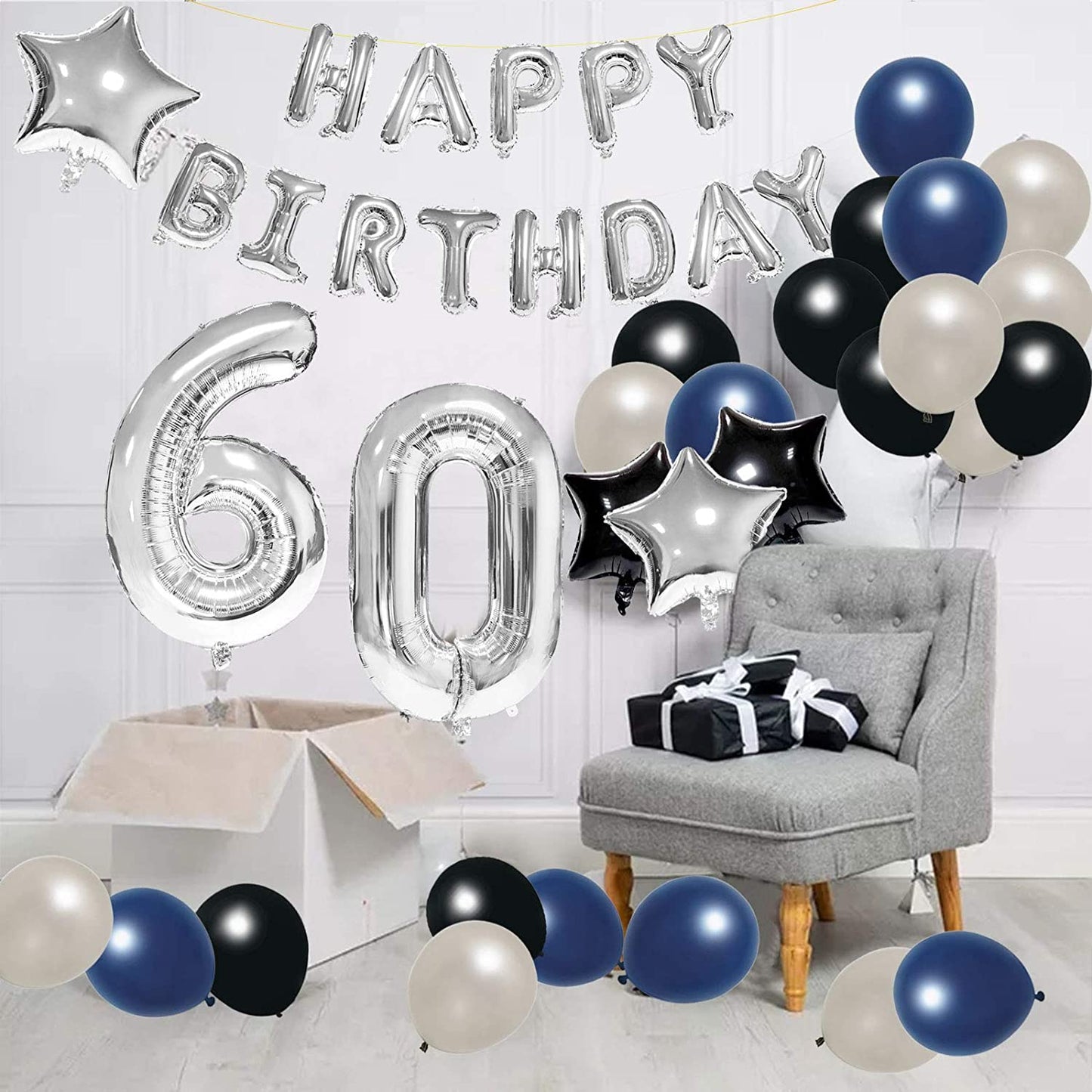 60th Birthday Decoration Kit for Navy Blue,Black & Silver