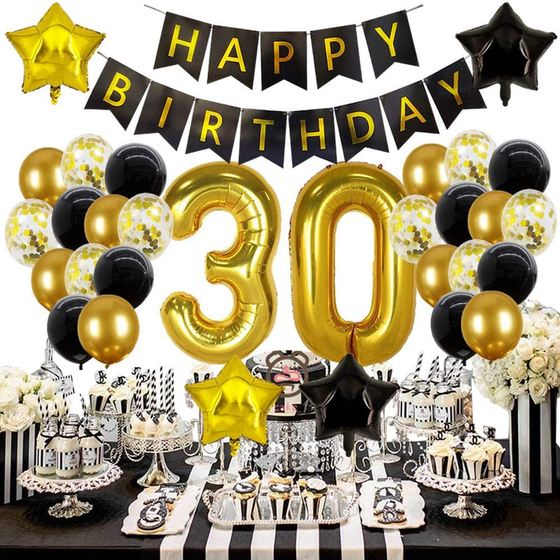 30th Birthday Party Supplies Balloons Black and Gold Decorations