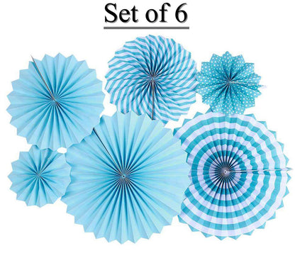 Paper Fans For Decoration Birthday Party Trend Party Fan For Wedding Birthday Showers - Blue And White (Pack Of 6)