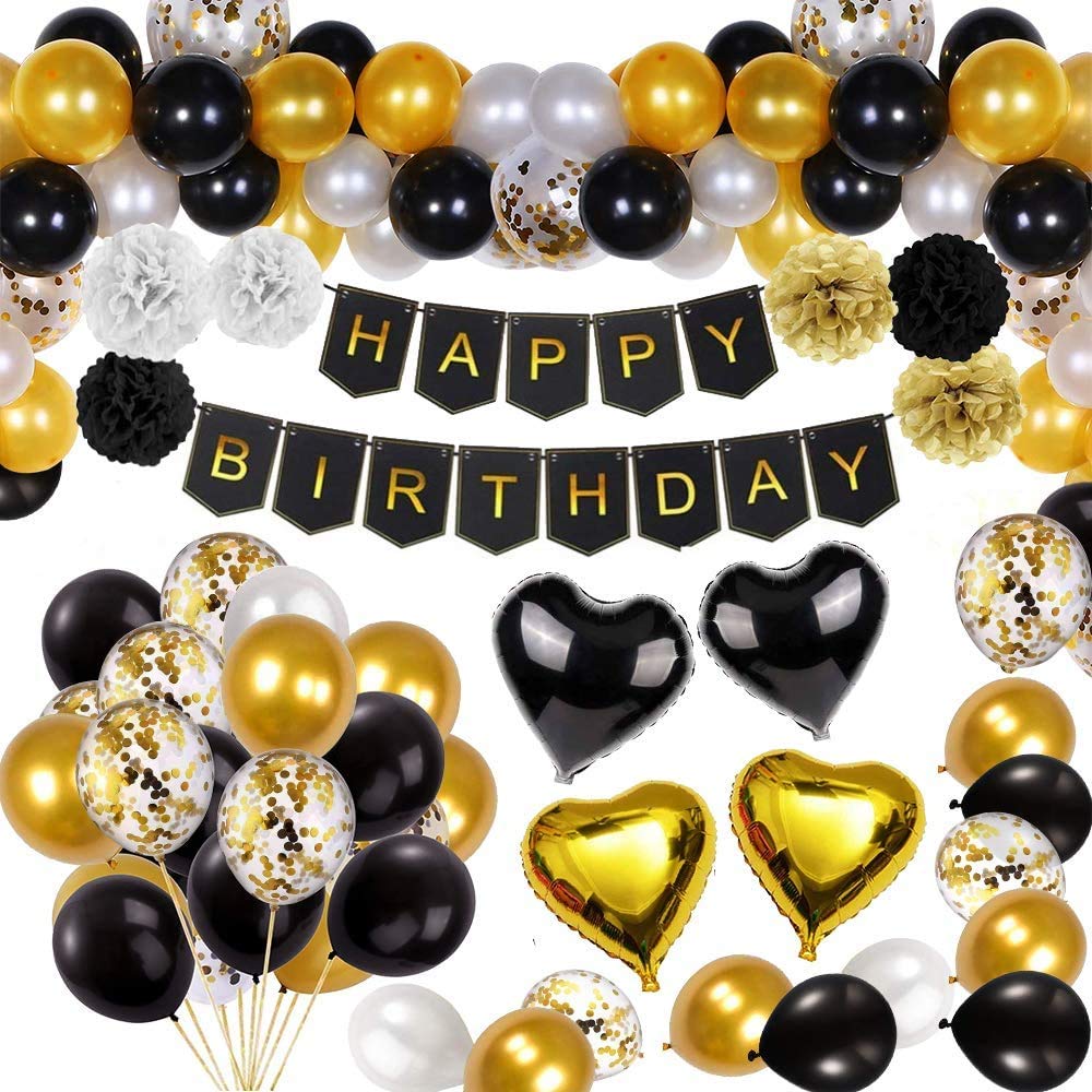 Black And Gold Party Decorations Confetti Balloons With Banner, Star Heart Foil Balloons ,Paper Pompoms