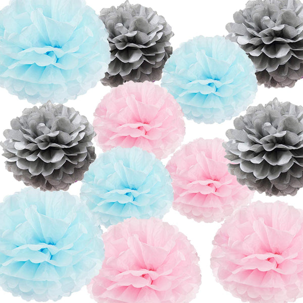 Blue, Pink And Silver Pom Pom Flower Decoration For Birthday Parties, Anniversary Party & Baby Shower