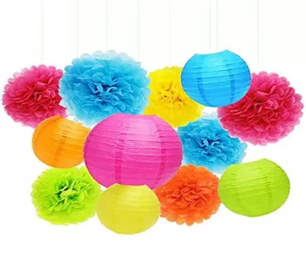 Multi Color Tissue Paper Pom Poms And Paper Lanterns