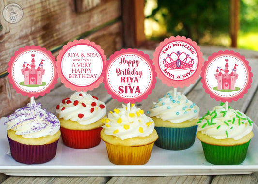Twin Girls Theme Birthday Party Cupcake Toppers for Decoration