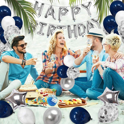 Birthday Decorations Happy Party Balloons Banner Supplies for Boys Girls Men Women Kids Navy Blue and Silver Confetti Latex Sets