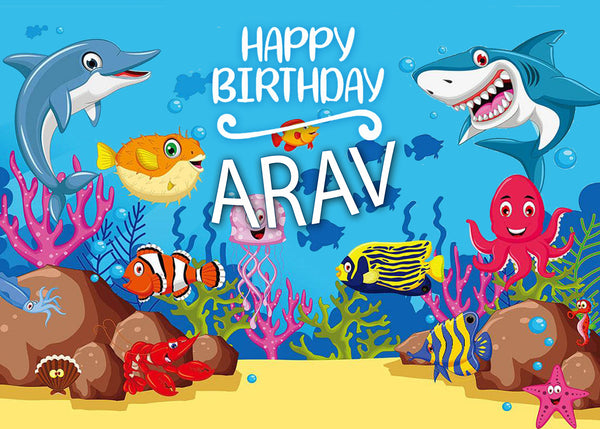 Personalize Shark Birthday Party Backdrop Banner