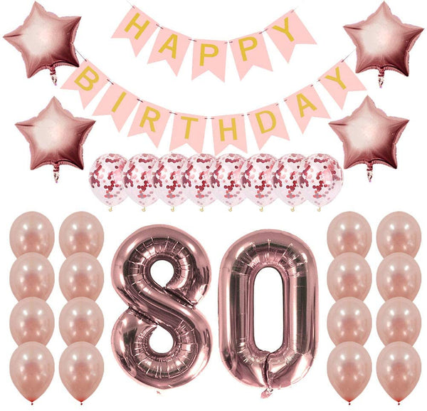 Rose Gold Sweet Party Supplies - Sweet Gifts for Girls - Birthday Party Decorations - Happy Birthday Banner, Number and Confetti Balloons (80th Birthday)