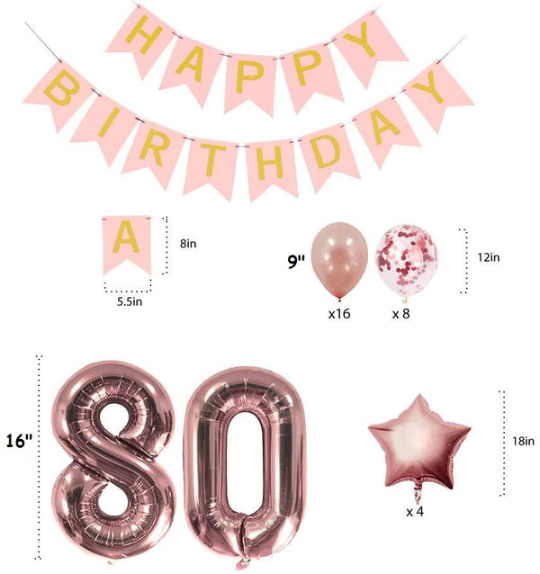Rose Gold Sweet Party Supplies - Sweet Gifts for Girls - Birthday Party Decorations - Happy Birthday Banner, Number and Confetti Balloons (80th Birthday)