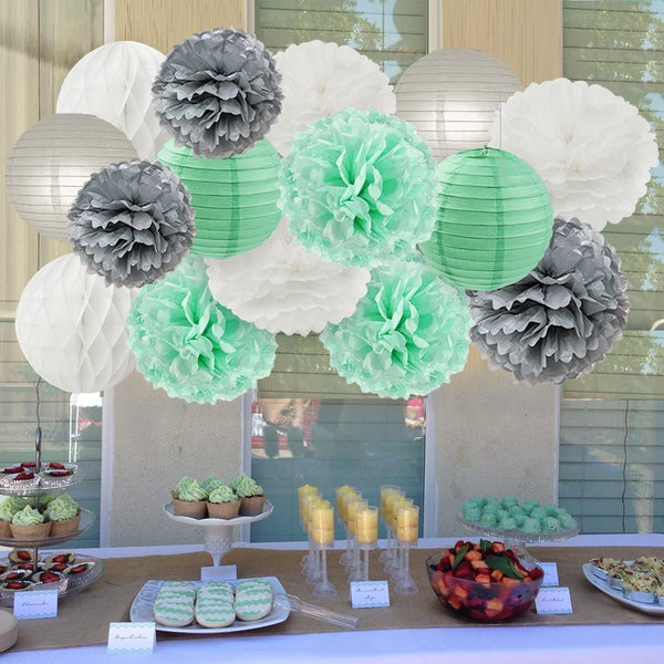 Tissue Paper Pom Poms And Paper Lanterns -Green ,Silver And White